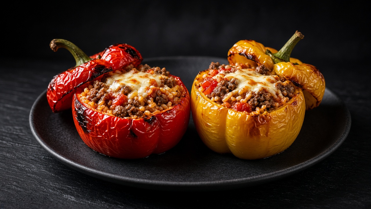 Whole red and yellow peppers with their tops cut off, filled with a beef and rice stuffing and topped with tomato.
