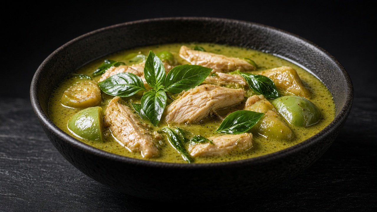 A dark bowl of pale green coconut curry with sliced chicken, quartered Thai aubergines and fresh basil leaves.