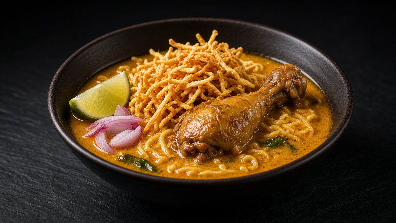 A deep bowl of golden coconut curry soup with egg noodles and a chicken drumstick, topped with a nest of crisp fried noodles, sliced red onion and a lime wedge.