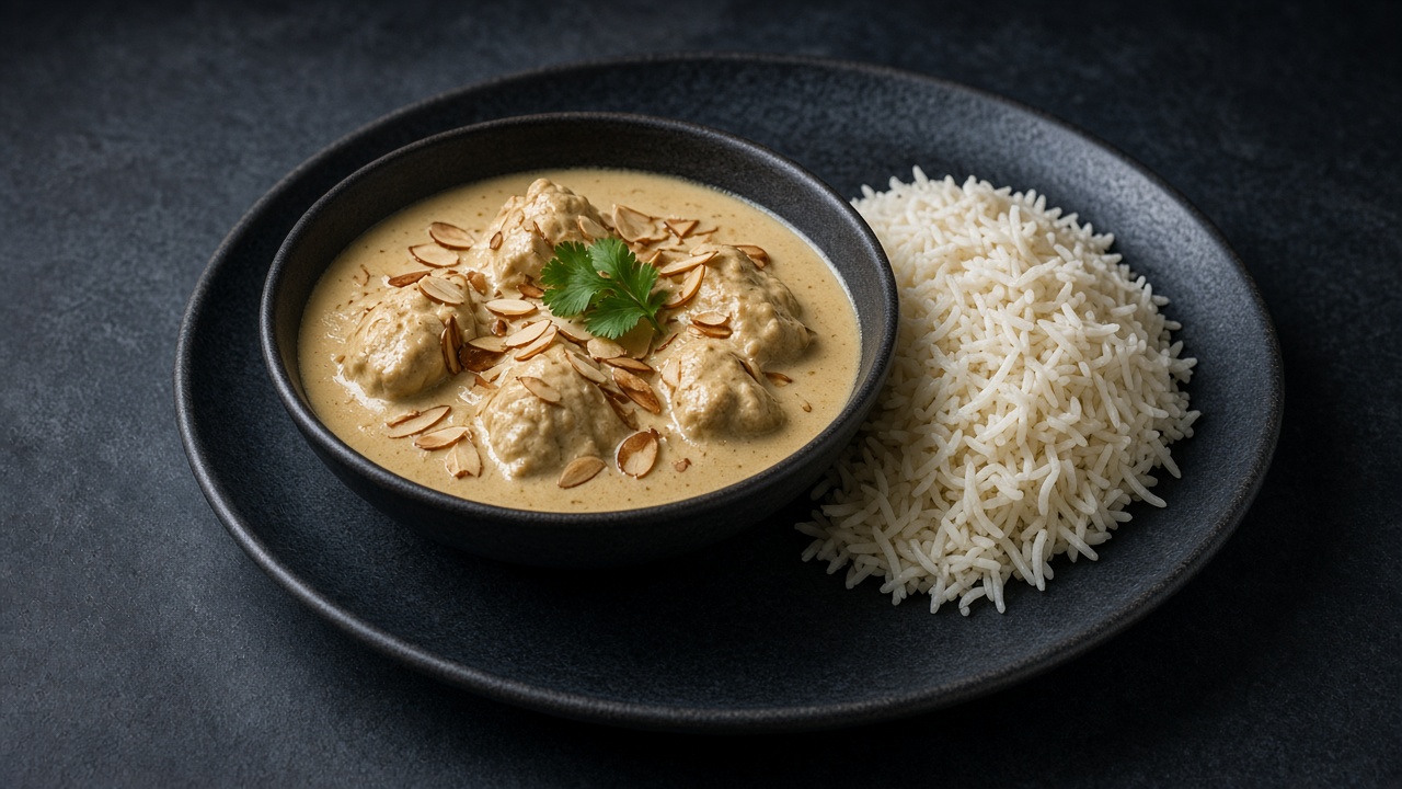 Creamy pale korma with paneer topped with flaked almonds and coriander beside rice.