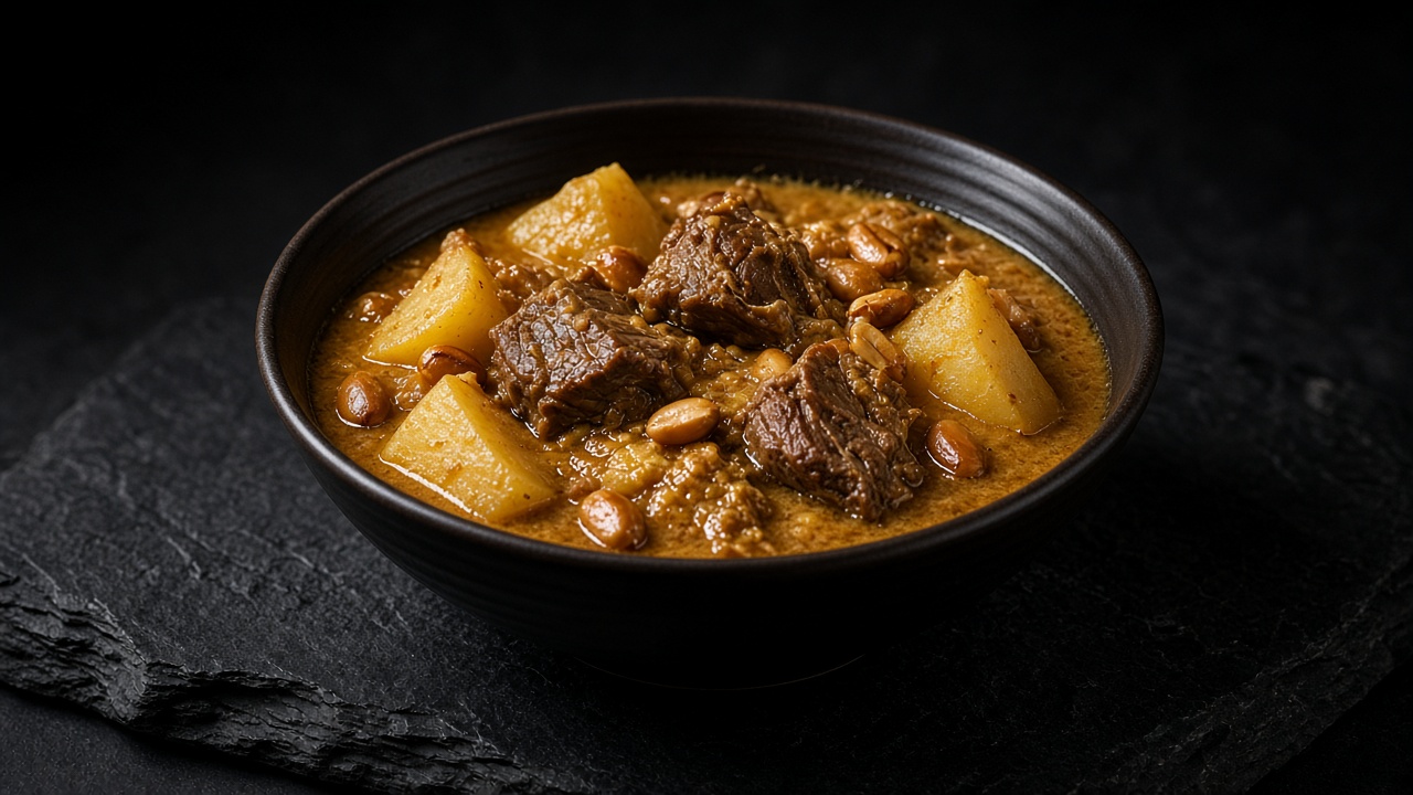 A dark bowl of golden-brown coconut beef curry with chunks of braised beef, potato and whole peanuts.