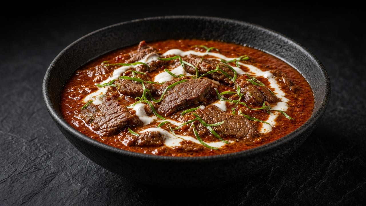 A dark bowl of thick red coconut curry with tender beef slices, drizzled with coconut milk and scattered with thin strips of lime leaf.