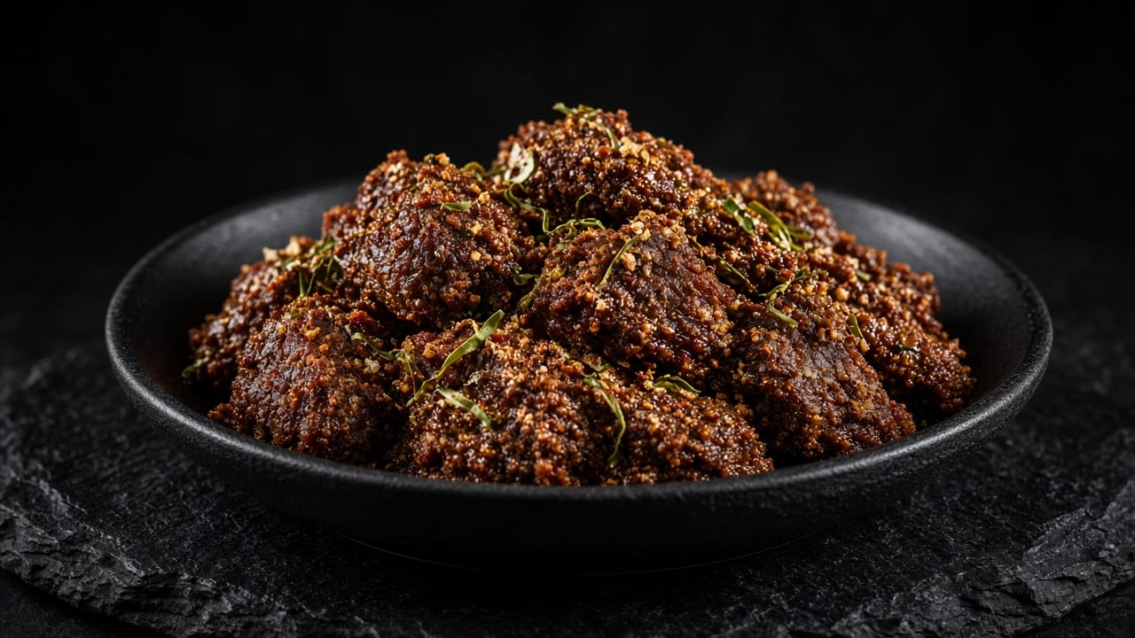 A dark plate piled with deep brown dry-cooked beef chunks coated in spice paste and scattered with thin strips of lime leaf.