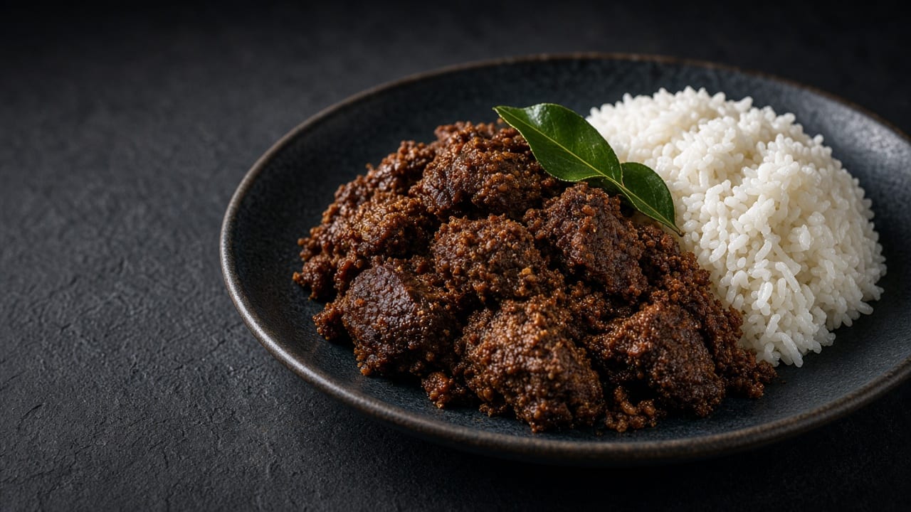 A bowl of dark, glossy beef rendang studded with toasted coconut, served alongside steamed rice.