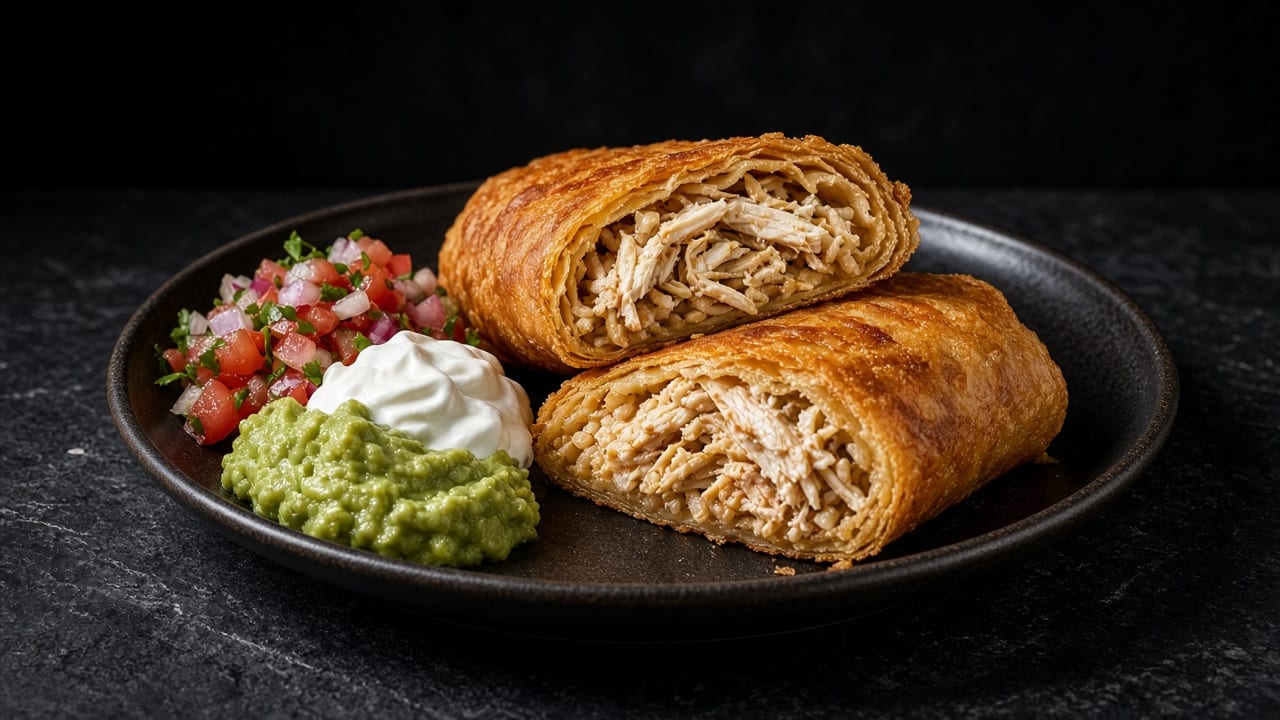 Two crisp golden fried burritos cut open to show the chicken, rice and bean filling, beside guacamole, soured cream and diced tomato salsa on a dark plate.