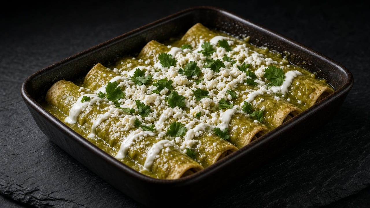 A dark baking dish of rolled enchiladas covered in green tomatillo sauce, topped with crumbled white cheese, drizzles of soured cream and chopped coriander.
