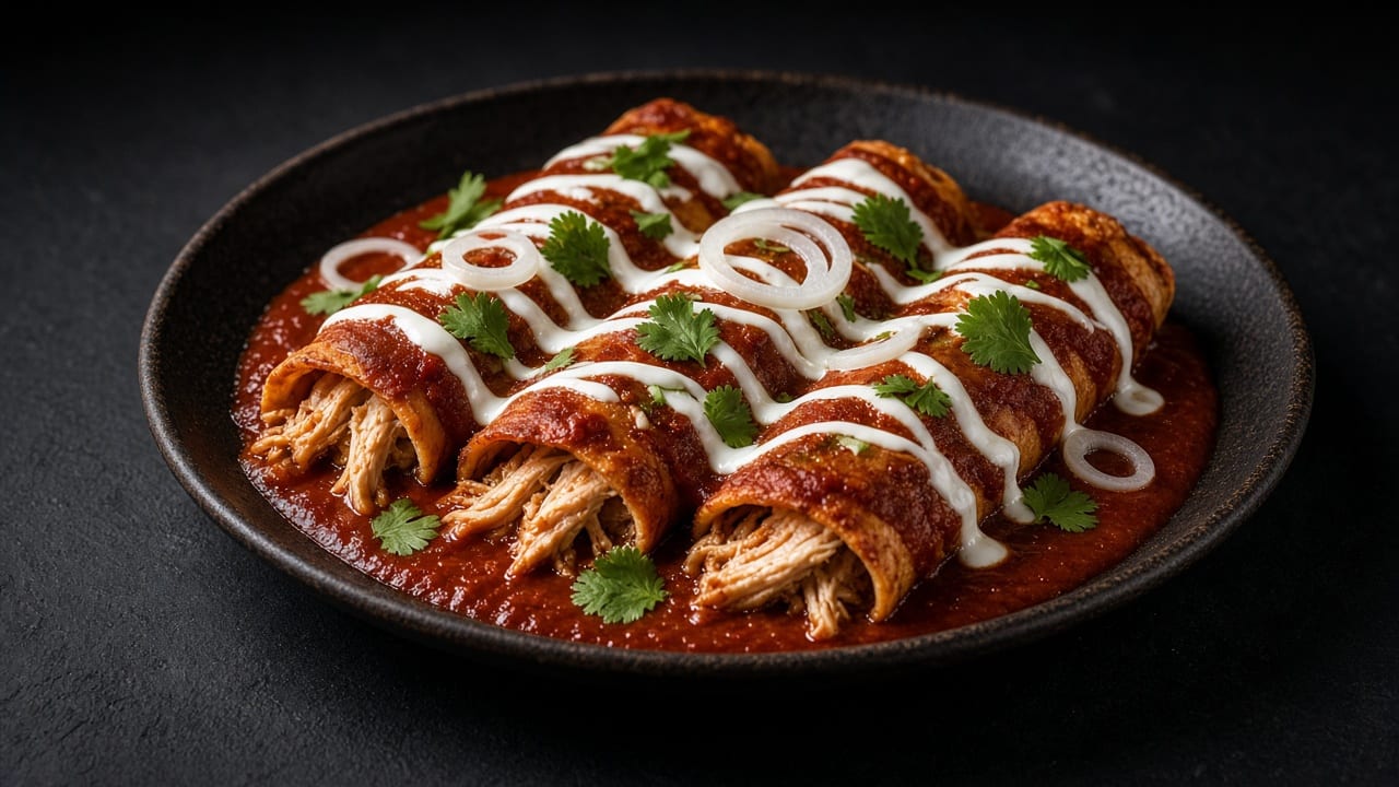Chicken enchiladas in red chilli sauce drizzled with crema and topped with onion rings and coriander.