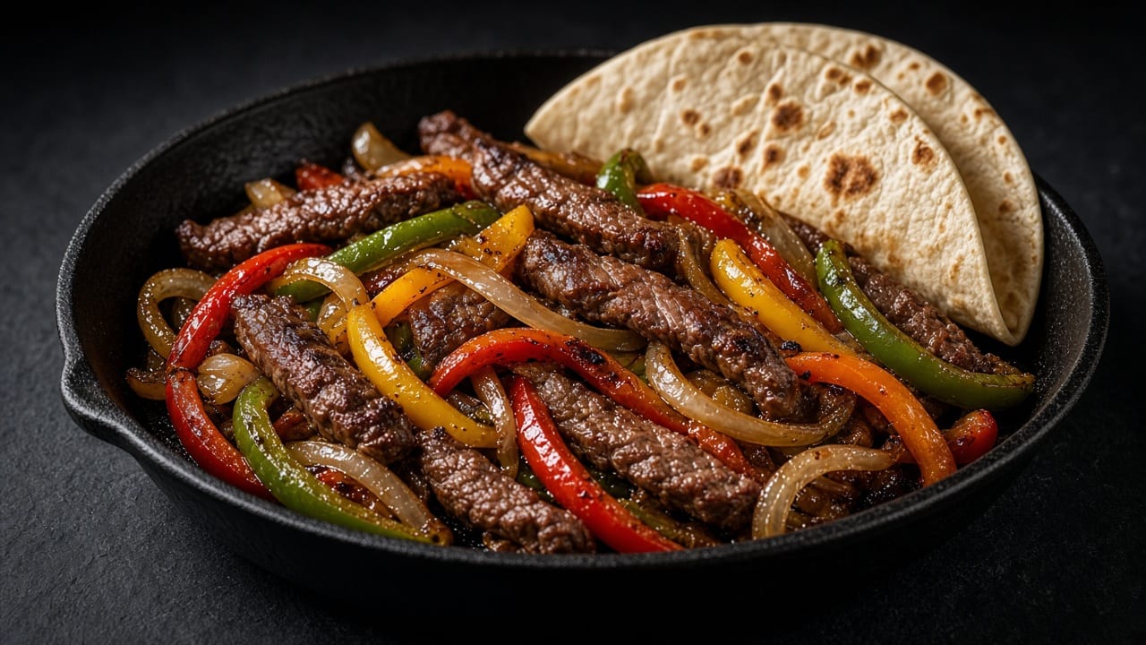 A cast-iron pan of sliced seared steak with red, yellow and green pepper strips and onion, with warm flour tortillas folded alongside.