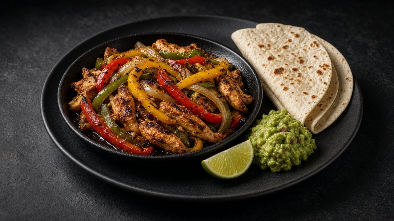 A pan of chicken strips with red and yellow peppers and onions, with flour tortillas, guacamole and lime on a dark plate.
