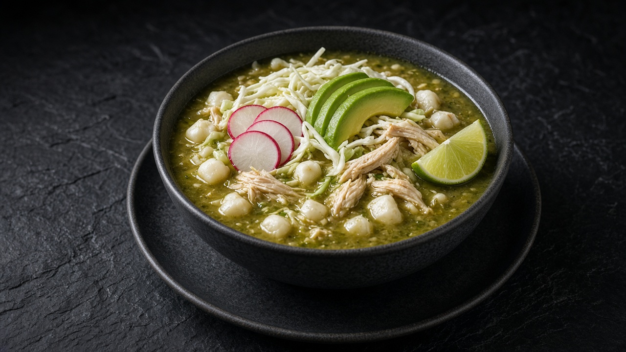 A dark bowl of green chicken and hominy soup topped with shredded cabbage, sliced radish, avocado slices and a lime wedge.