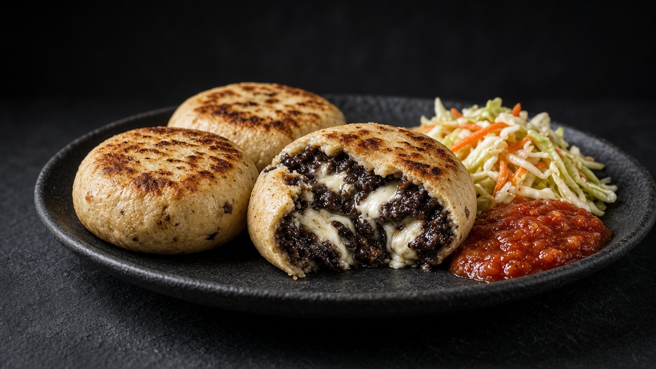 Golden griddle-spotted corn cakes on a dark plate, one cut open to show dark refried beans and melted cheese, with cabbage relish and red tomato salsa.