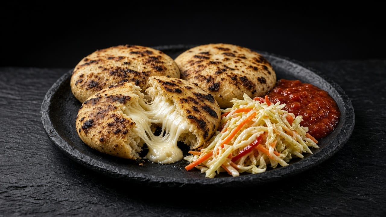 Golden griddle-spotted corn cakes on a dark plate, one torn open to show stretchy melted cheese, with a pile of cabbage and carrot relish and red tomato salsa.