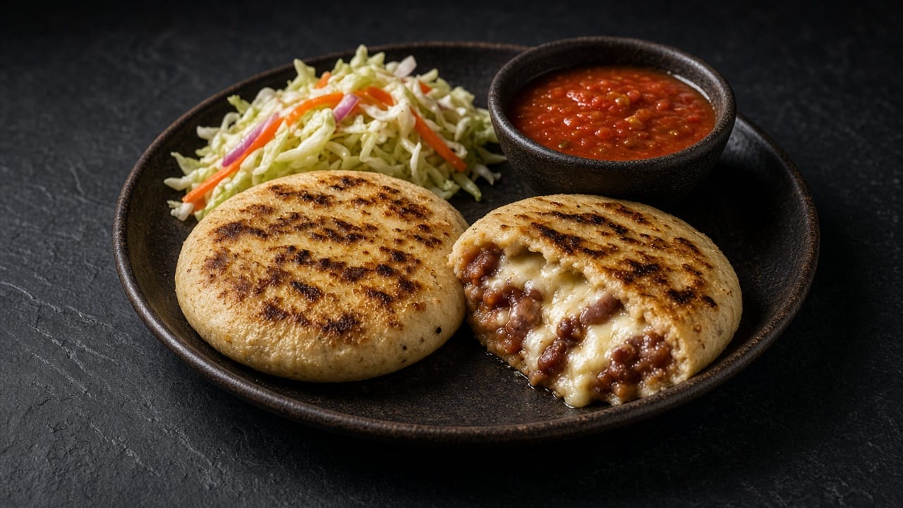 Golden, spotted masa cakes split open to reveal melted cheese, served with shredded cabbage pickle and red salsa.