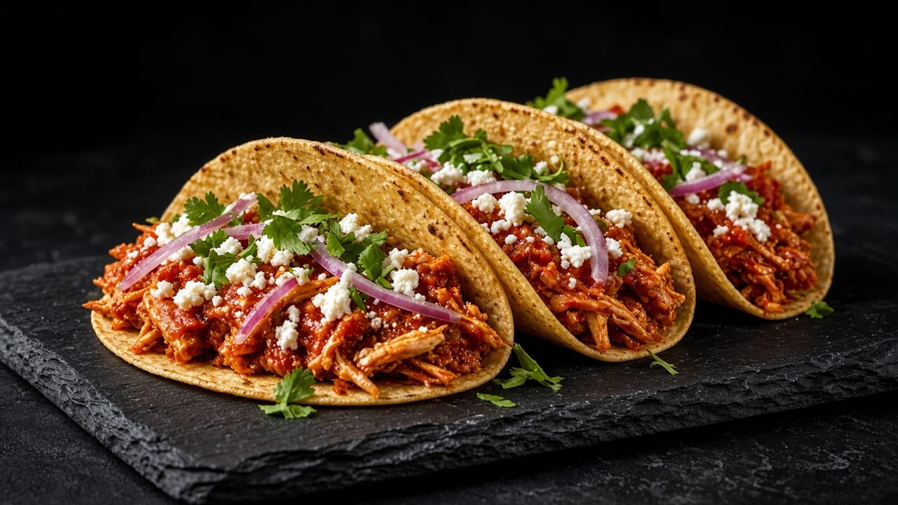 Three corn tacos on a dark slate filled with shredded chicken in a smoky red tomato sauce, topped with crumbled white cheese, thin red onion slices and coriander leaves.