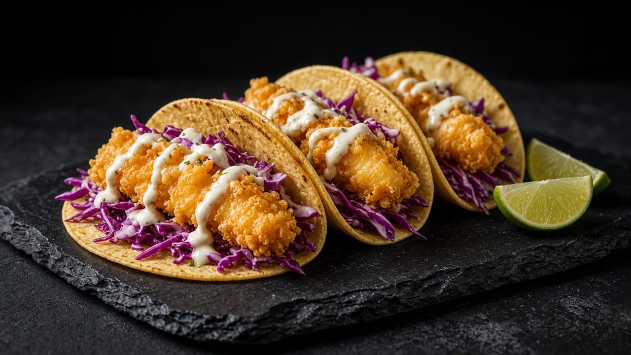 Three corn tacos on a dark slate with golden battered fish, shredded red cabbage and a drizzle of creamy white sauce, with lime wedges.