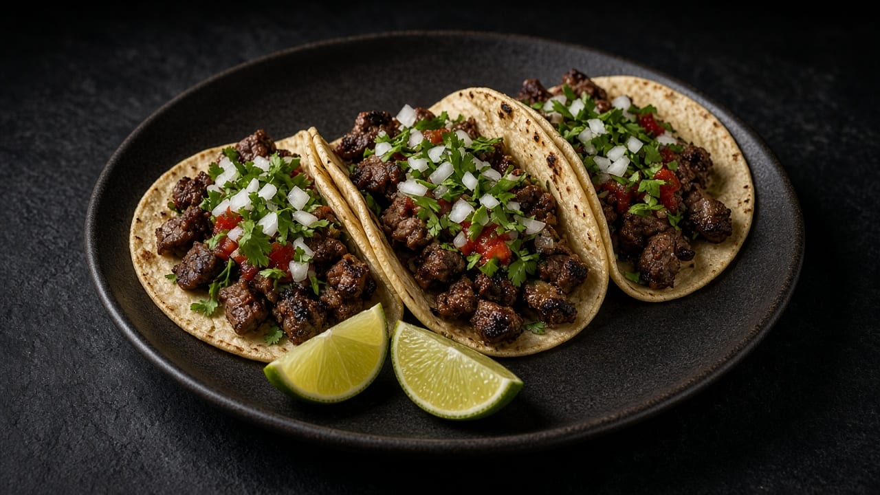 Three corn tortilla tacos filled with chopped charred steak, onion and coriander, with lime wedges on a dark plate.