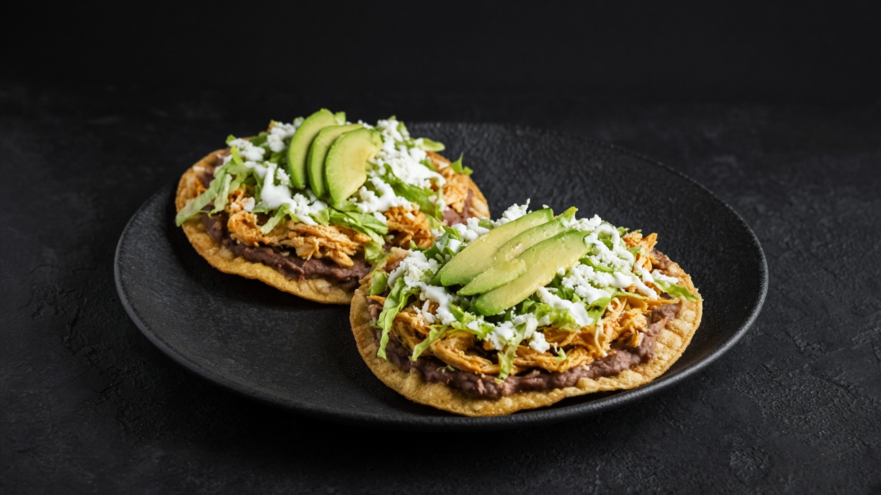 Two crisp corn tostadas on a dark plate spread with refried beans and topped with shredded chicken, lettuce, crumbled white cheese and avocado slices.