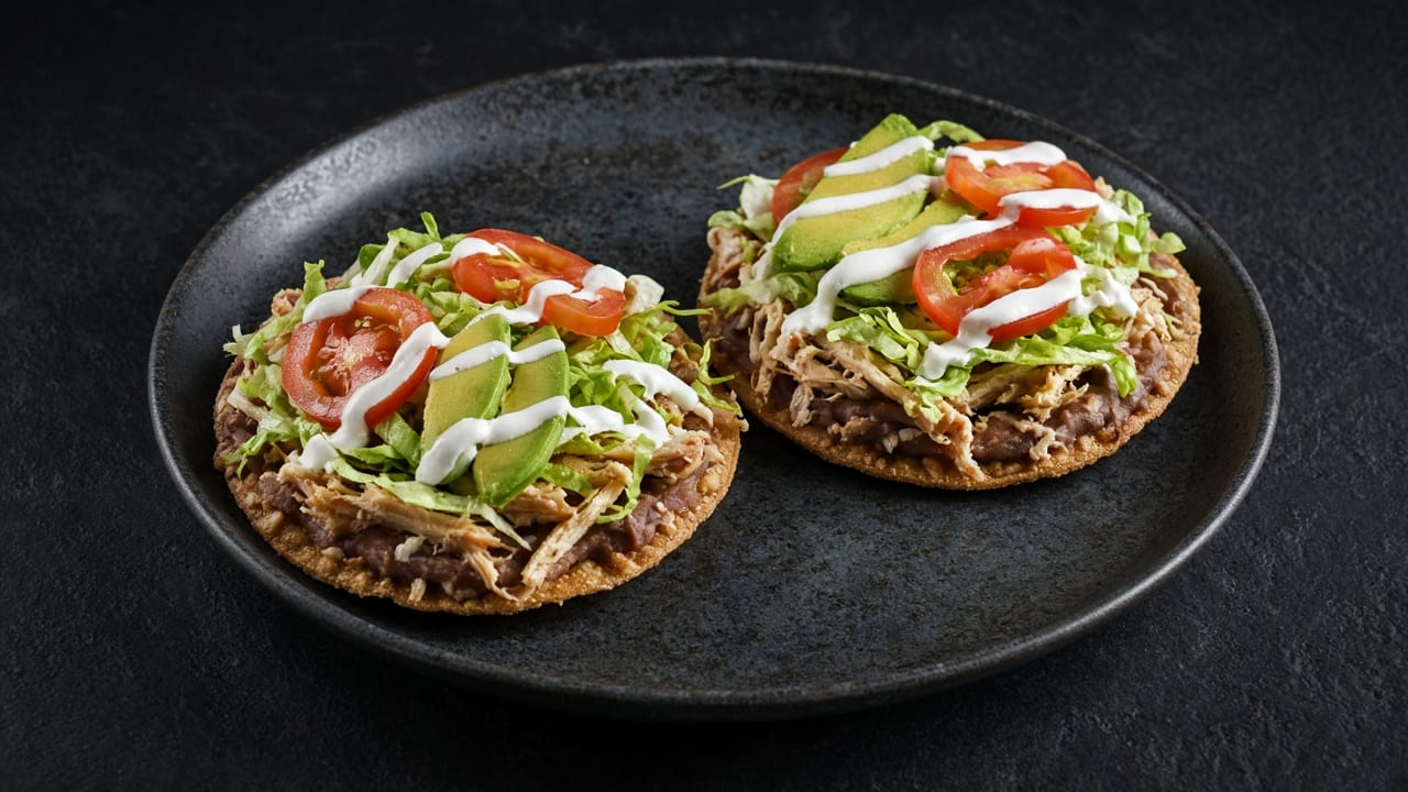 Crisp corn tostadas layered with beans, seasoned beef, shredded lettuce, tomato, avocado and a drizzle of crema.