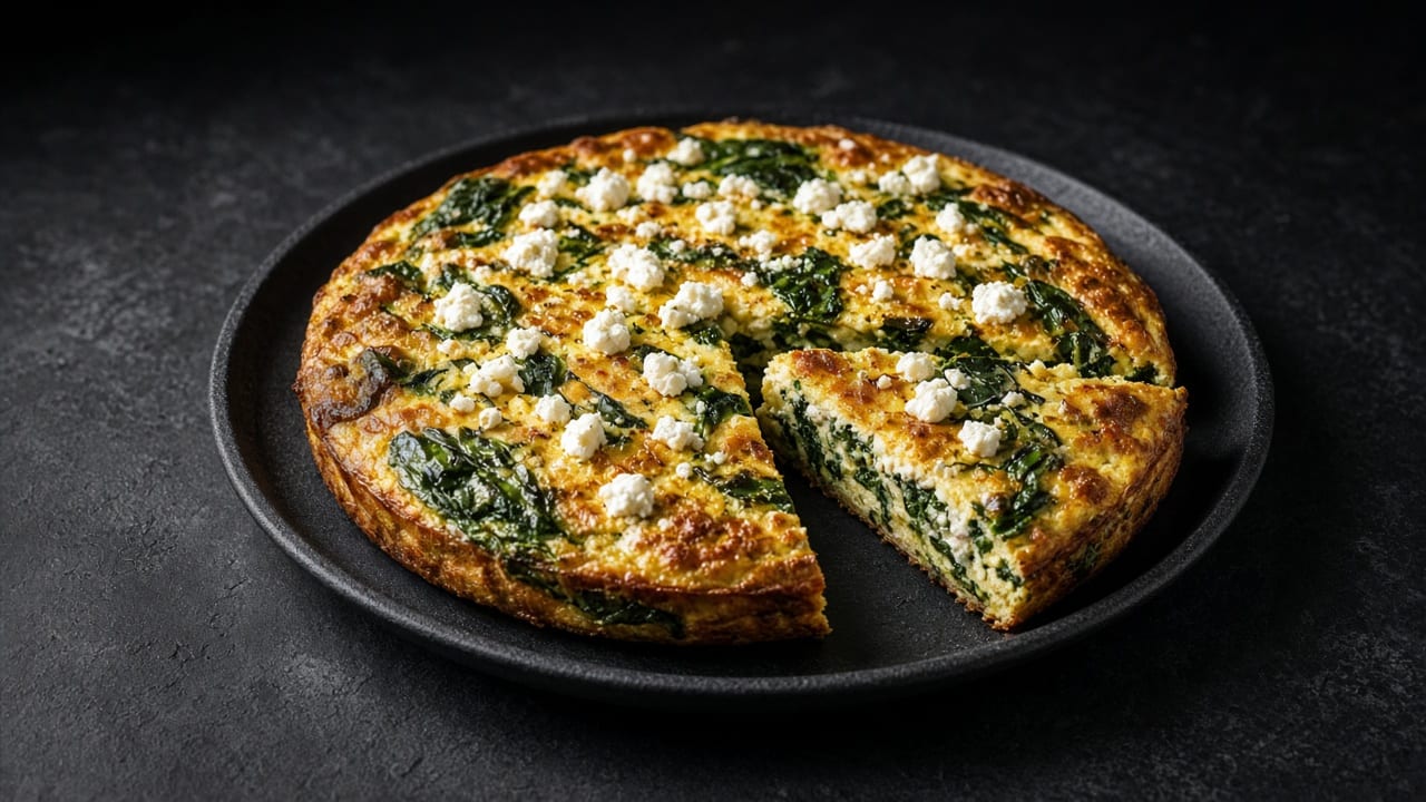 A golden frittata full of spinach and topped with crumbled feta on a dark plate, with one wedge cut.