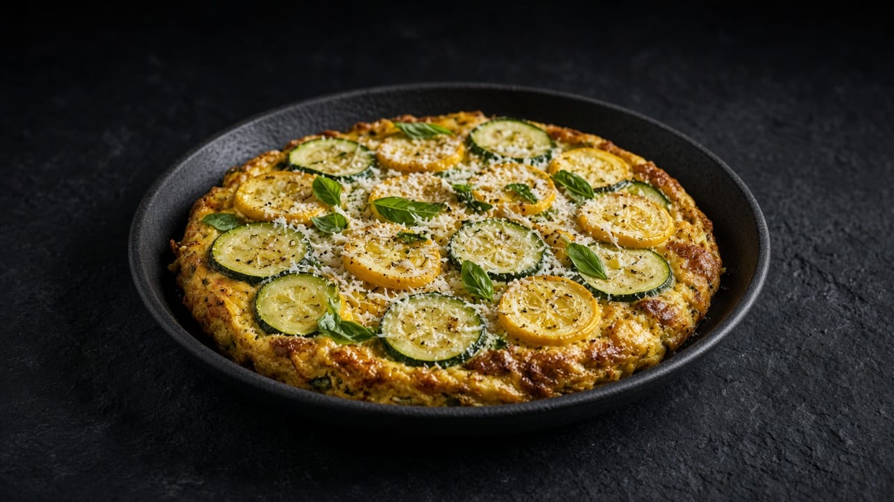 A golden frittata topped with overlapping courgette rounds and fresh herb leaves on a dark plate.