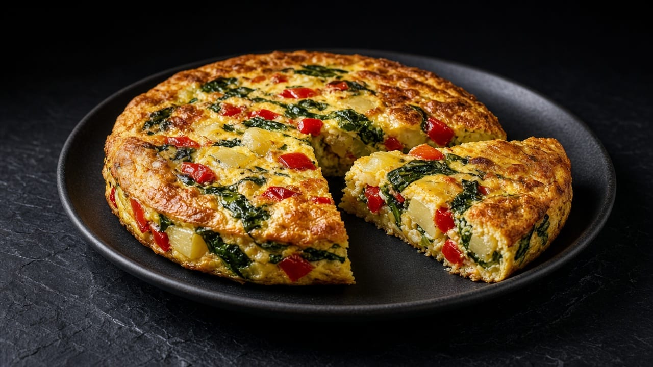 A golden frittata studded with red pepper and spinach on a dark plate, with a wedge cut and pulled away.
