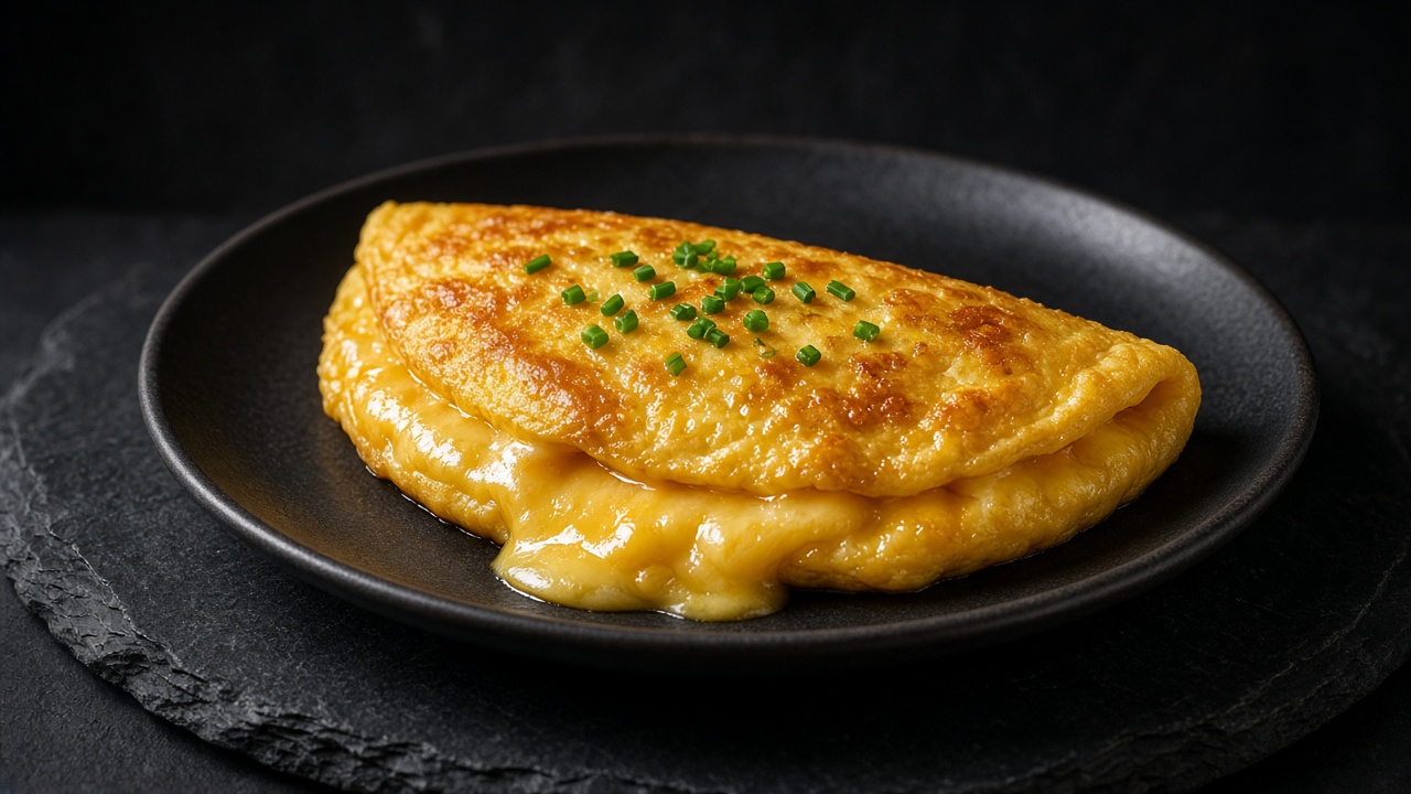 A golden folded omelette on a dark plate with melted cheese spilling from the fold, topped with snipped chives.