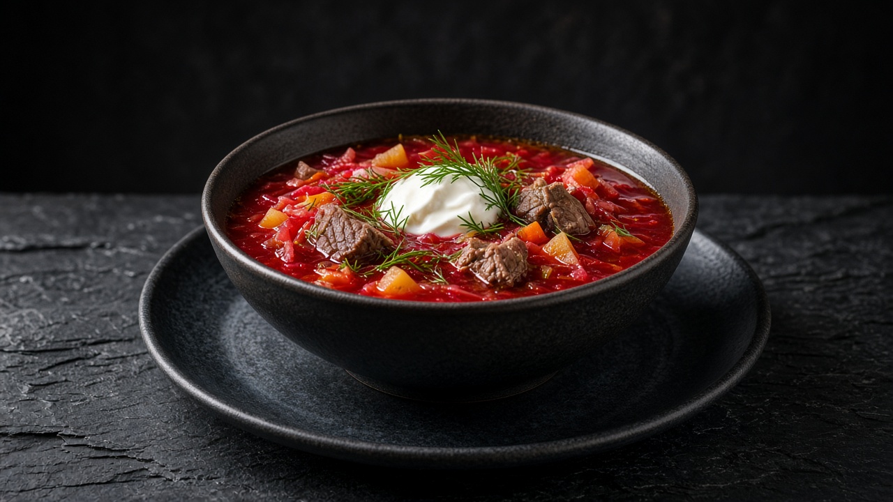 A bowl of deep ruby-red borscht with beef, cabbage and potatoes, topped with a spoonful of soured cream and chopped dill.
