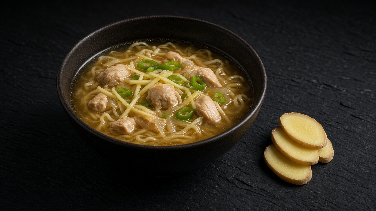 A dark bowl of chicken noodle soup with chicken pieces and spring onion in golden broth, with slices of fresh ginger beside it.