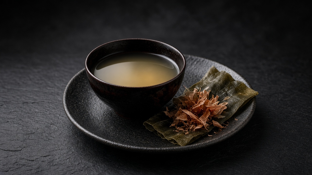 A small dark bowl of clear pale golden dashi stock beside a sheet of dried kombu topped with pink bonito flakes.