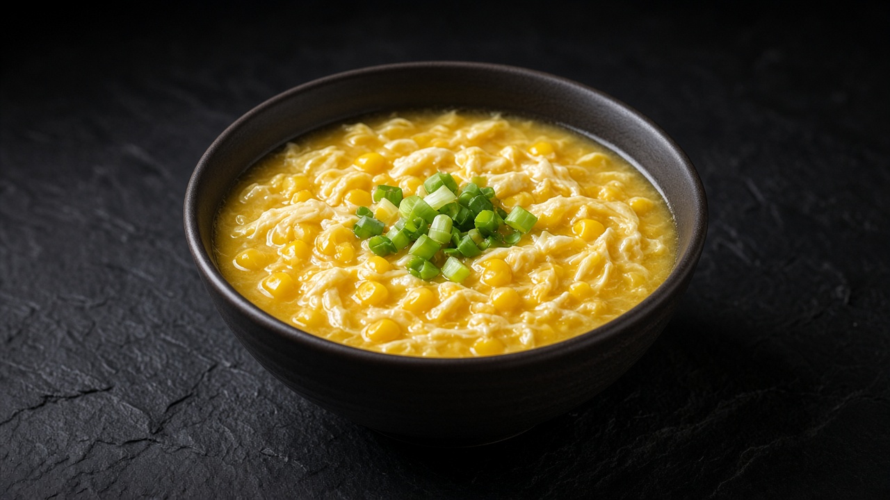 A bowl of thick, glossy golden sweetcorn soup with yellow egg ribbons, small pieces of chicken and sliced spring onion.