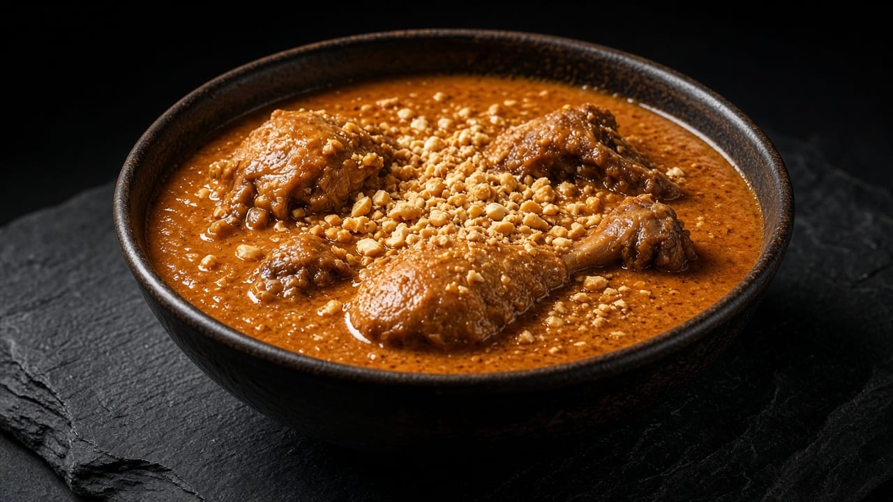 A bowl of thick orange peanut soup with chicken drumsticks, sprinkled with crushed peanuts.