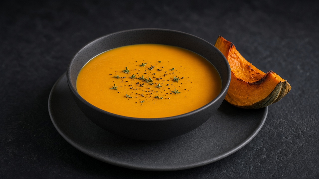 A bowl of smooth bright orange pumpkin soup drizzled with browned butter and topped with crisp fried sage leaves.