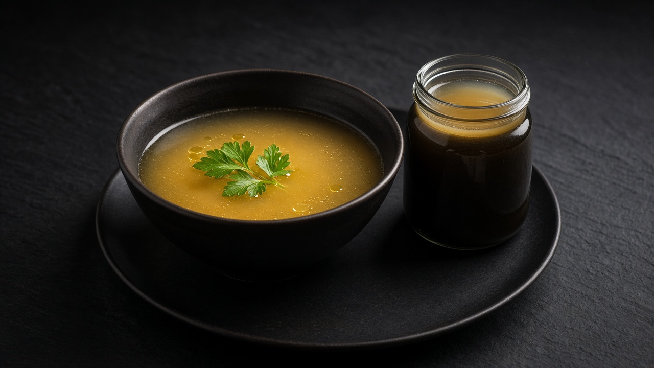 A bowl of clear, golden chicken stock beside a glass jar of more stock.