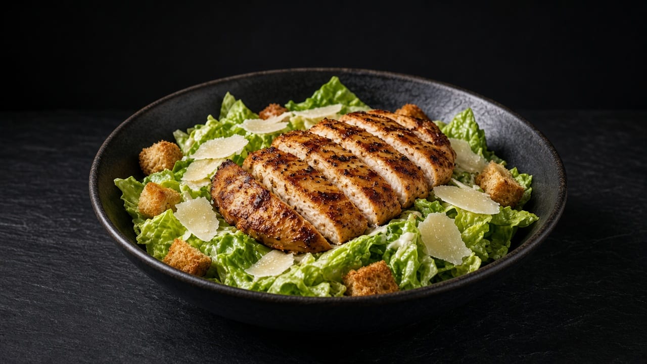 A griddled chicken breast with dark grill marks on romaine with croutons and cheese shavings.