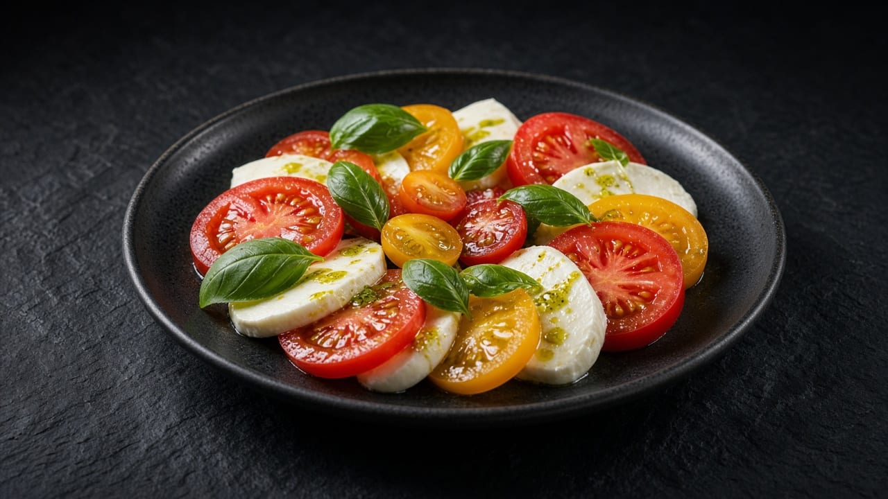 Overlapping slices of red and yellow tomato and mozzarella with whole basil leaves on a black plate.