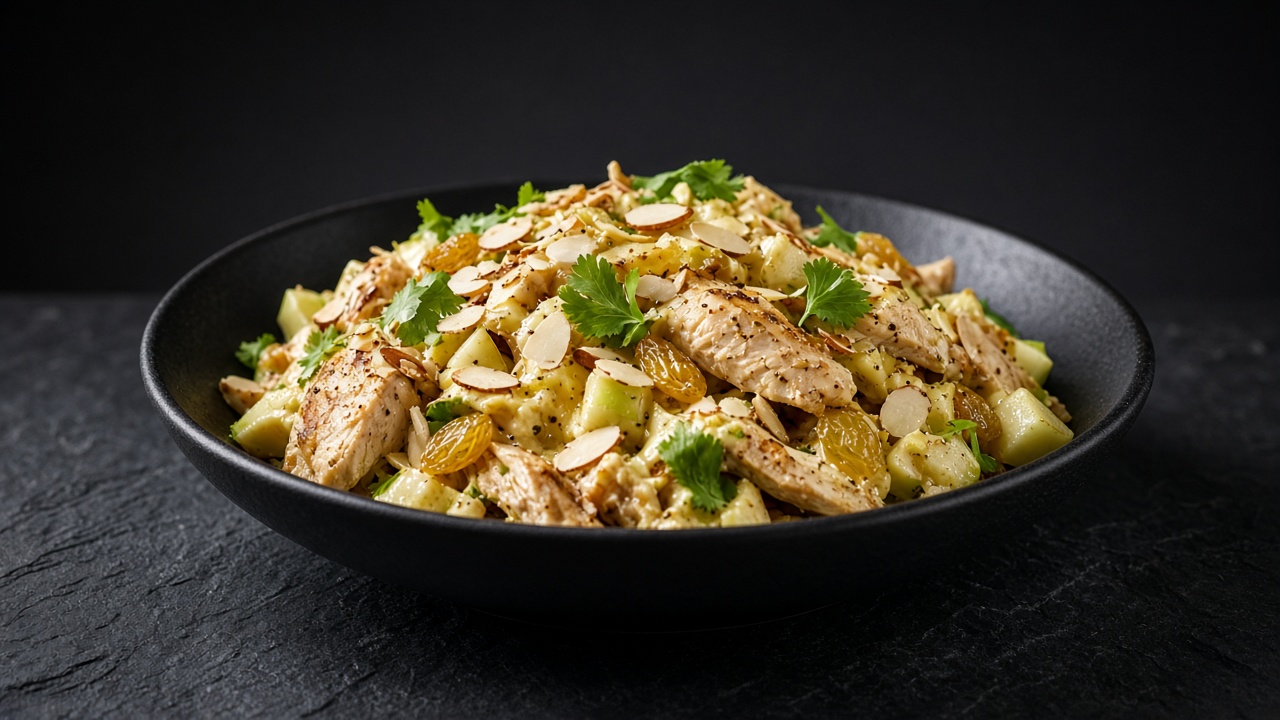 Golden curry-dressed chicken salad with herbs and toasted almonds in a black bowl.