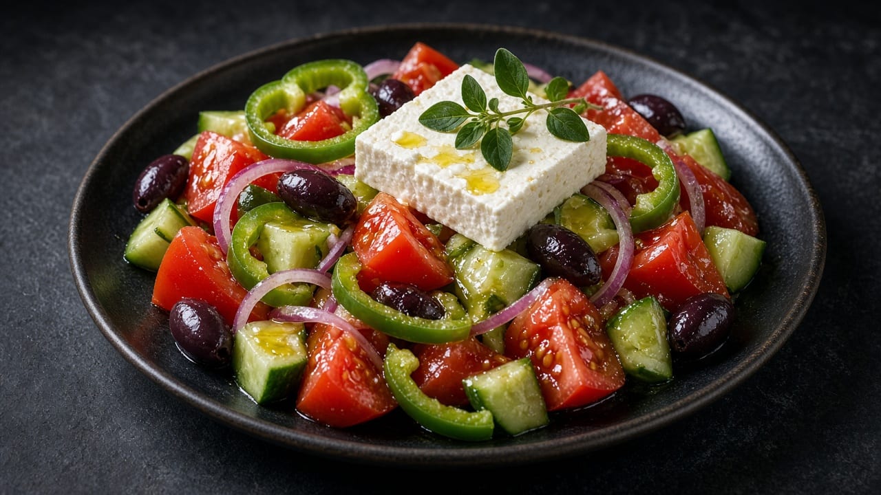 Tomato wedges, cucumber, green pepper rings, red onion and black olives topped with a slab of feta and oregano.