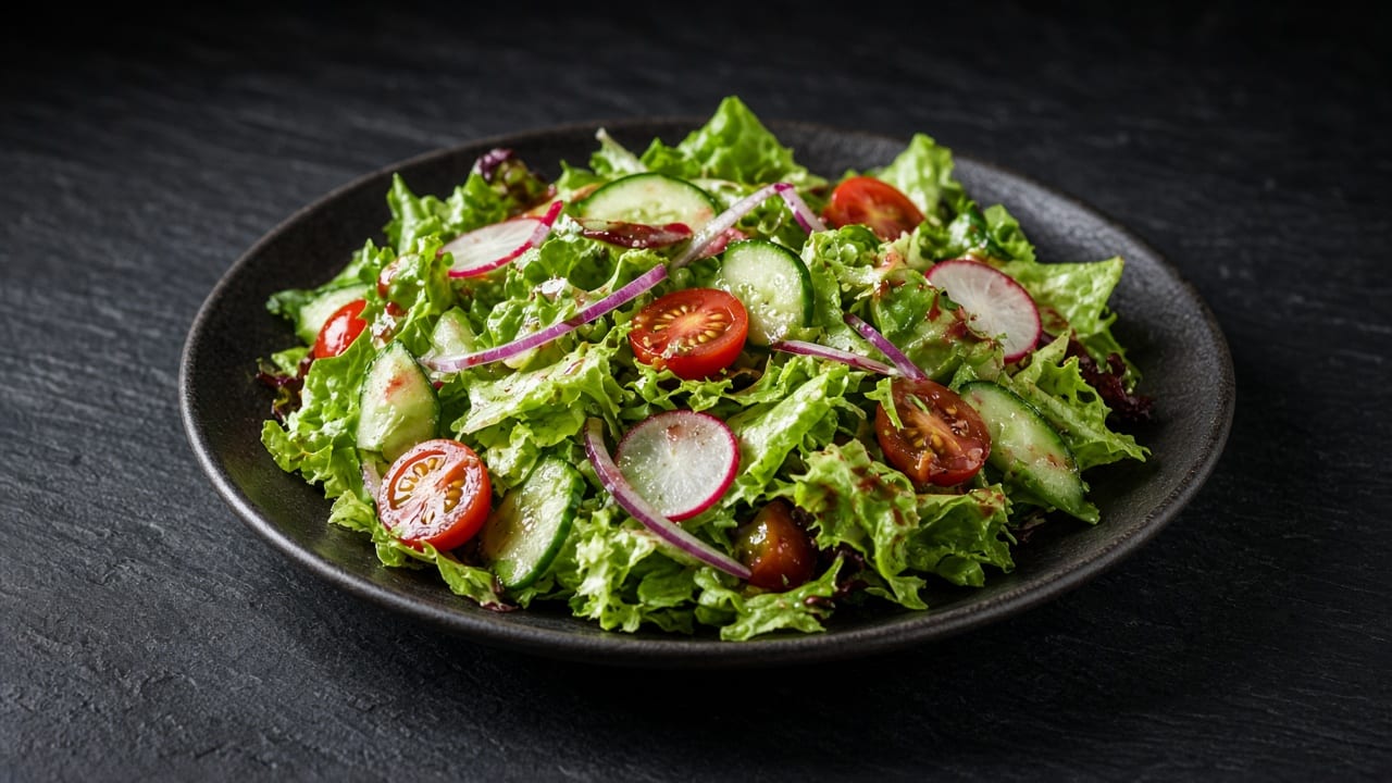A bowl of torn green lettuce with halved cherry tomatoes, cucumber, radish slices and thin red onion.