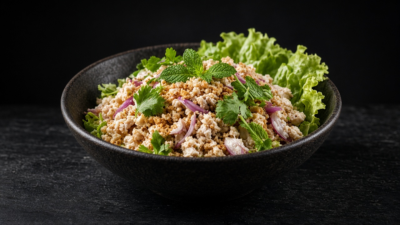 Minced chicken larb with mint, coriander and red onion in a black bowl with lettuce.