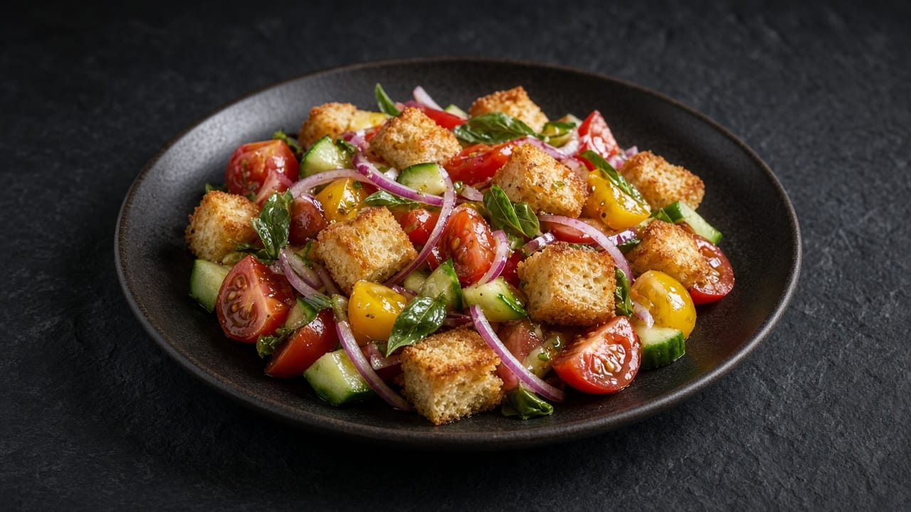 Golden toasted bread cubes tossed with tomato chunks, cucumber, red onion and basil.