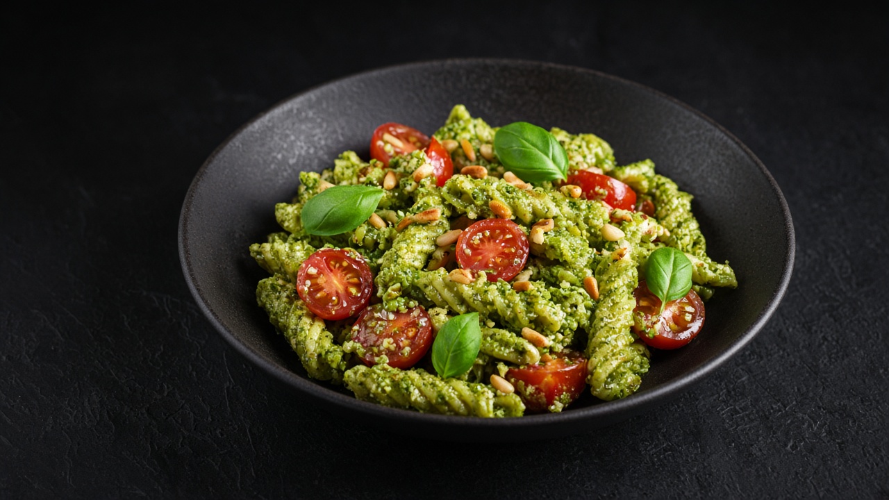 Fusilli coated in bright green pesto with halved cherry tomatoes and basil leaves.