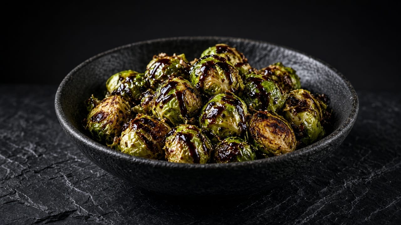 A bowl of deep-fried Brussels sprouts and shallots glazed in a honey balsamic dressing and flecked with chopped parsley.