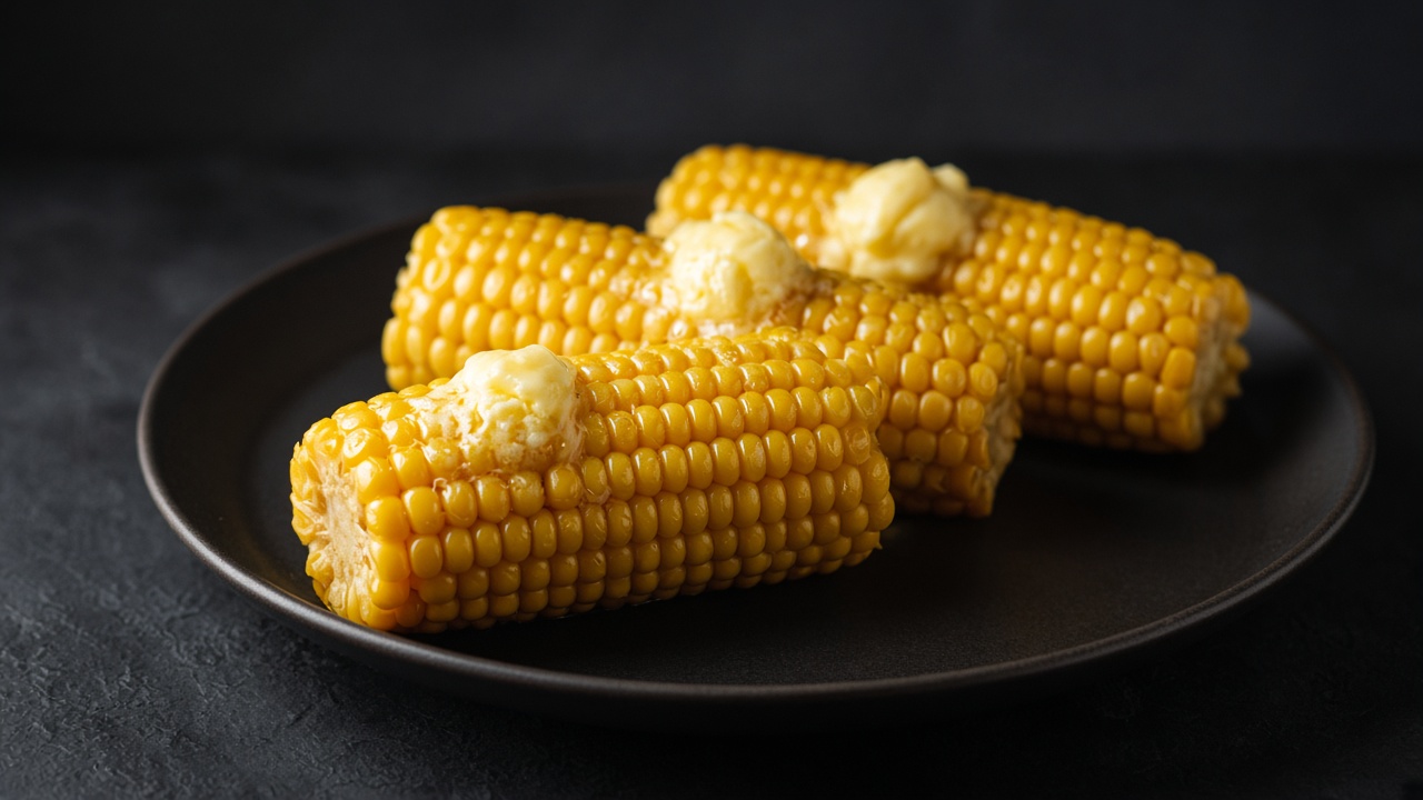 Three steamed corn cobs, each topped with a melting pat of butter.