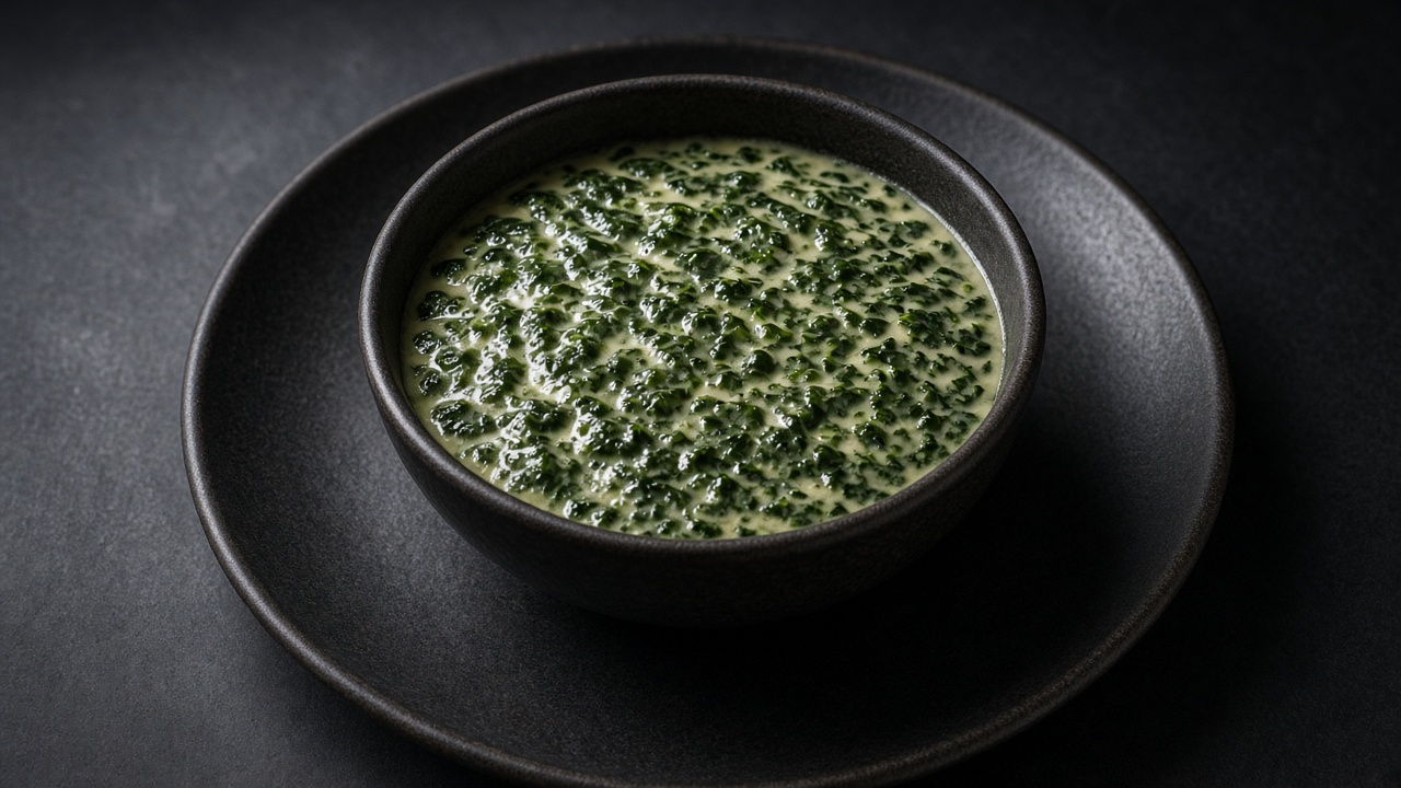 A bowl of smooth, dark green creamed spinach.