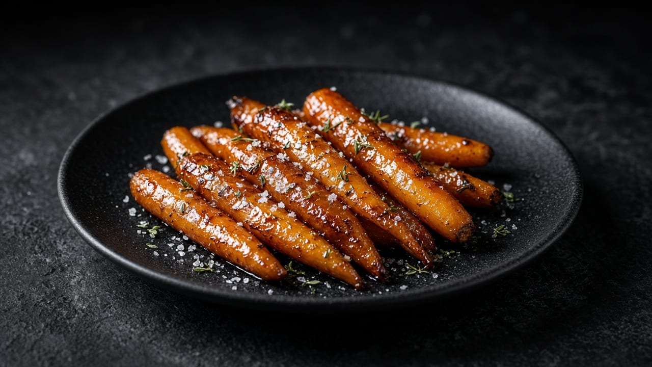 Whole slender carrots with a sticky, glossy maple glaze.