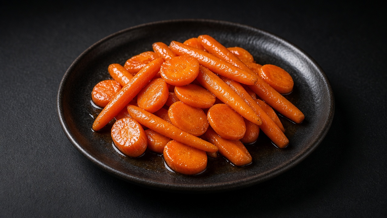 Glossy glazed carrot coins and sticks piled on a plate.