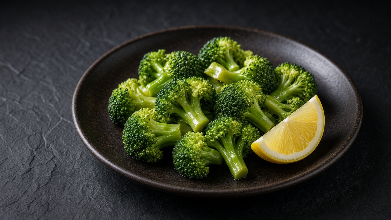 Bright green steamed broccoli florets on a dark plate with a lemon wedge.