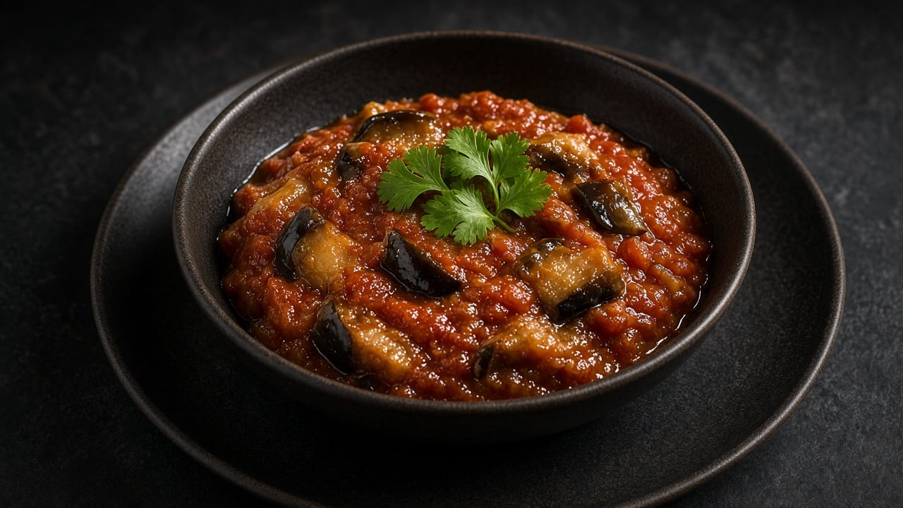 A bowl of red aubergine and tomato mash topped with fresh coriander.