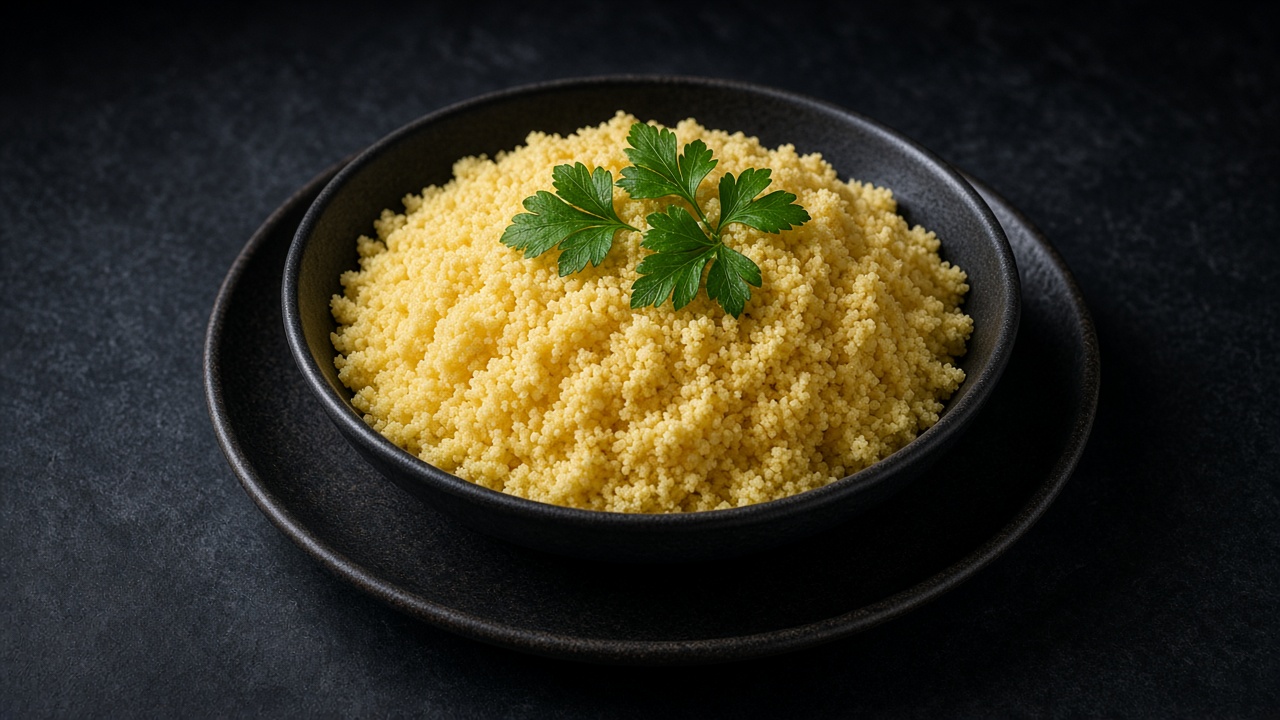 A bowl of fluffy golden couscous flecked with chopped parsley and topped with a parsley sprig.