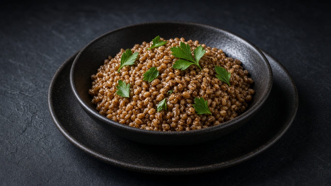 A bowl of plump brown farro grains glossy with olive oil and scattered with parsley leaves.